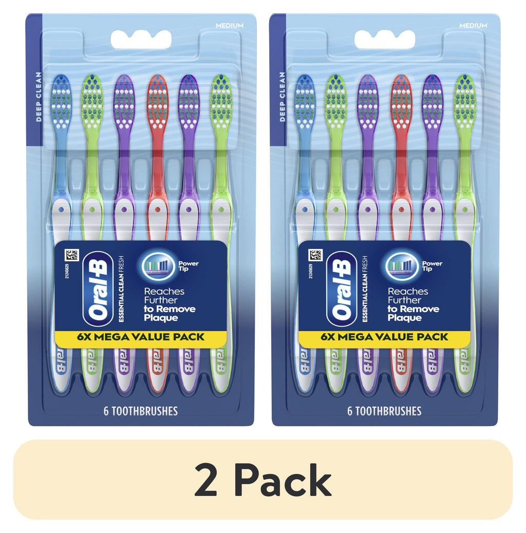 (2 pack) Toothbrush Pack, Essential Clean Manual Toothbrushes, Medium Bristles, 6 Count