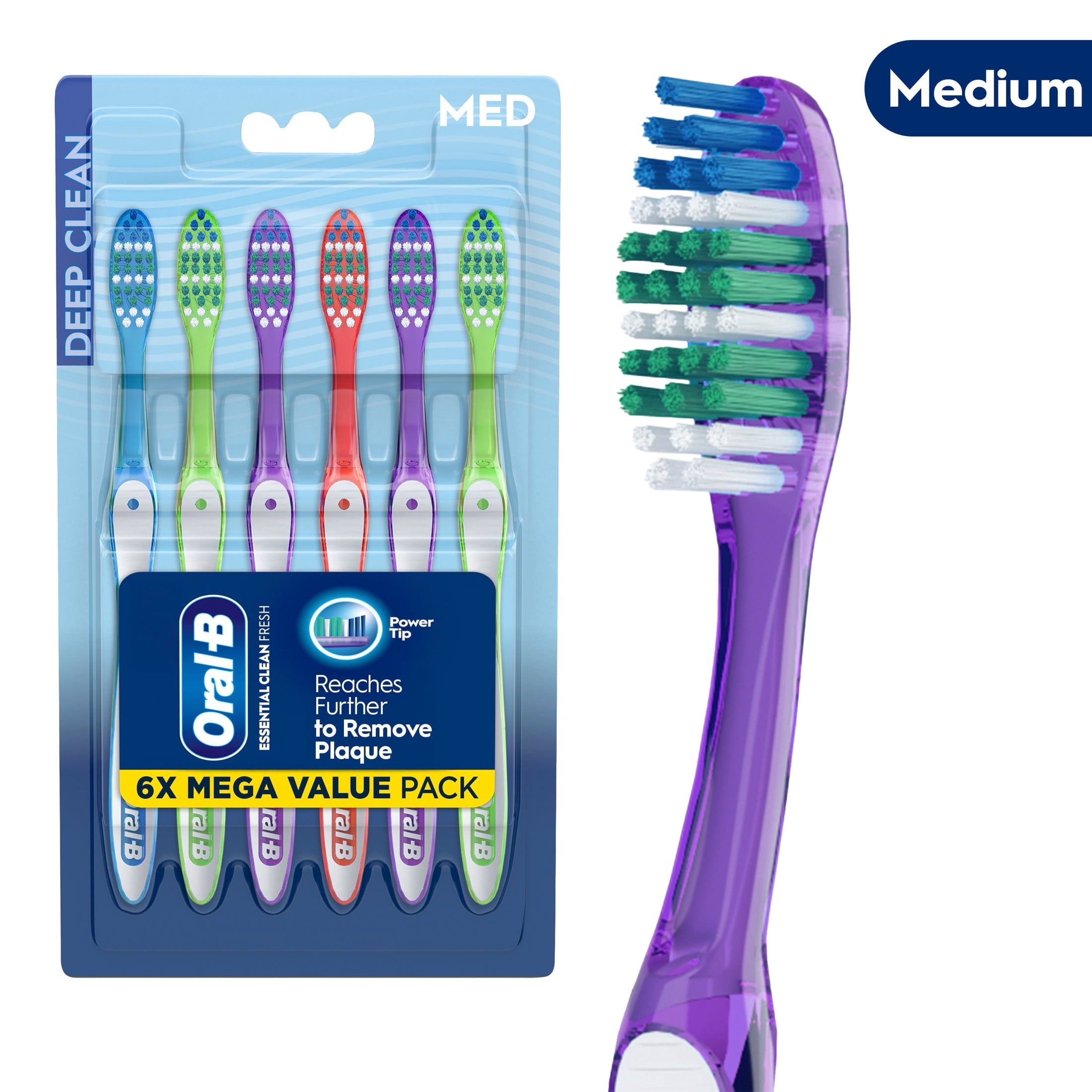 (2 pack) Toothbrush Pack, Essential Clean Manual Toothbrushes, Medium Bristles, 6 Count