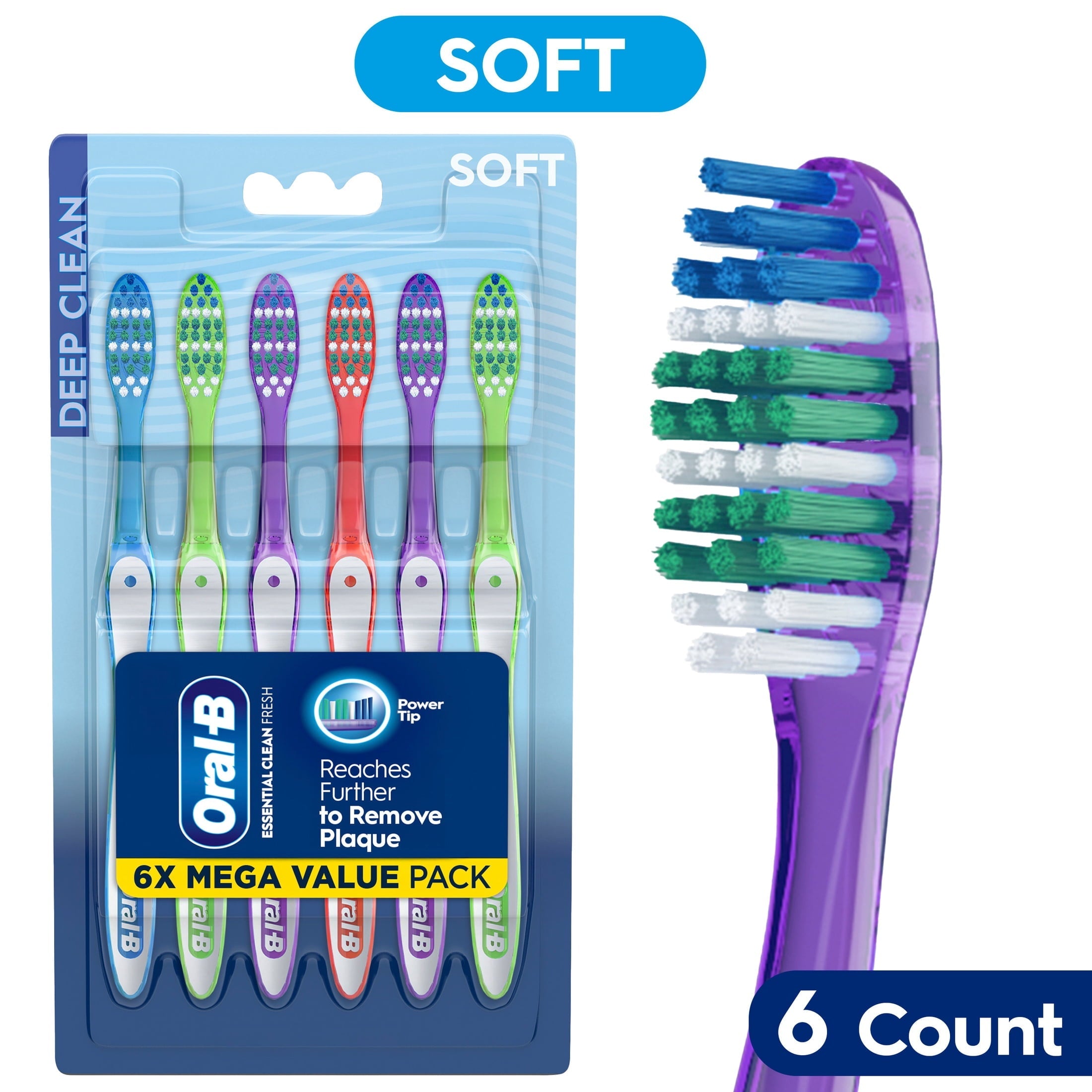 (4 pack) Toothbrush Pack, Essential Clean Manual Toothbrushes, Soft Bristles, 6 Count