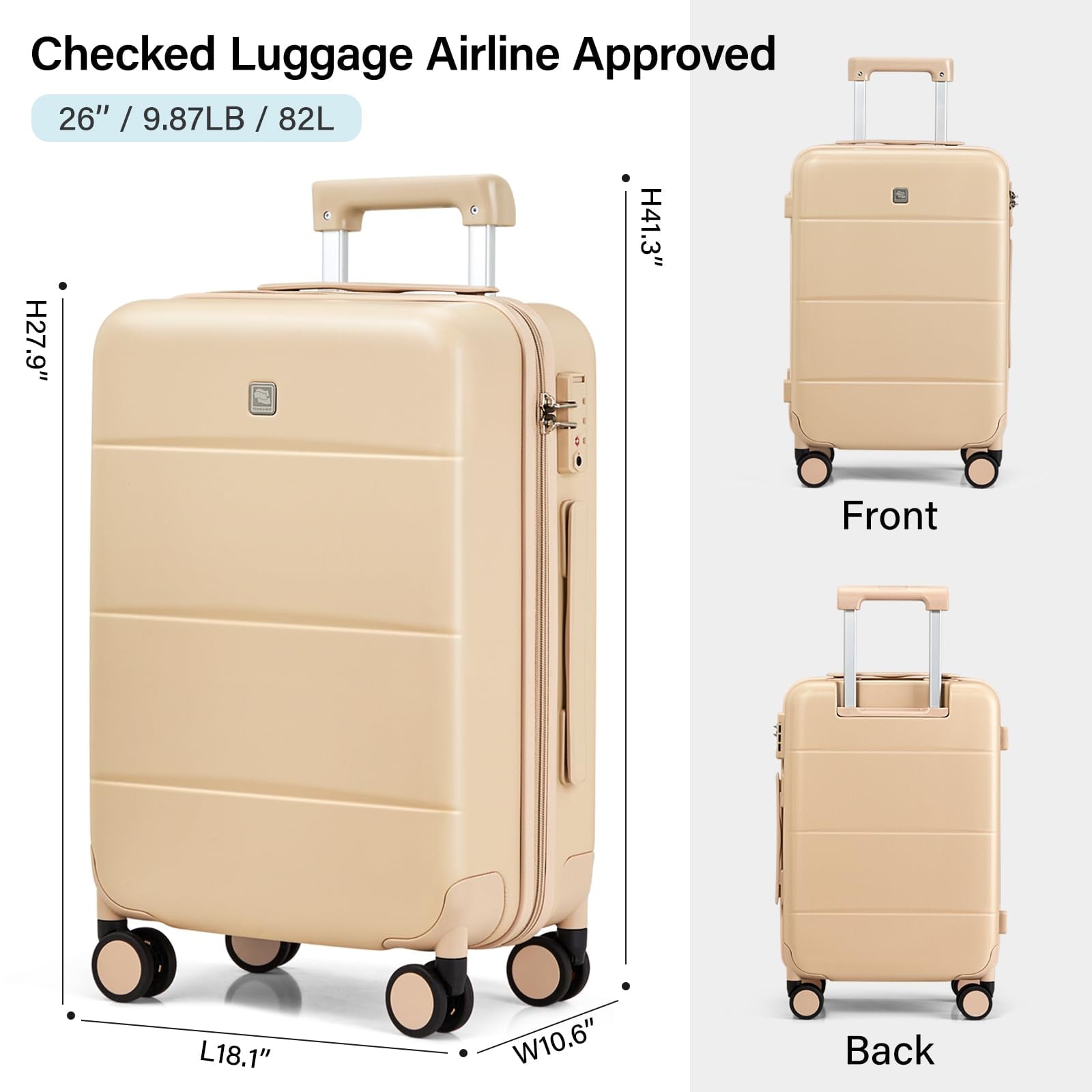 26 Inch Luggage Large Suitcase With Spinner Wheels Tsa Luggage Suitcases Traveler's Choice Hard Case Luggage For Women &amp; Men Rolling Checked Luggage(Cuba Sand)